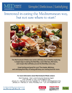 Eat the Mediterranean way, class series Jan 21 - Feb 25 and Jan 23 - Feb 27