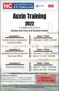 Auxin training available in Lincoln County office, Cleveland County office, and West Lincoln Library.