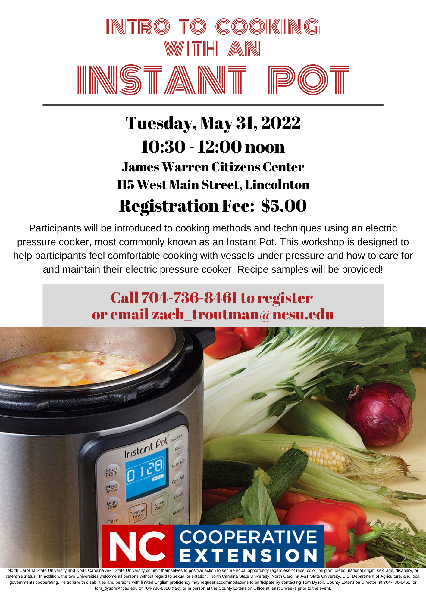 Participants will be introduced to cooking methods and techniques using an electric pressure cooker. Learn how to care for and maintain the electric pressure cooker.