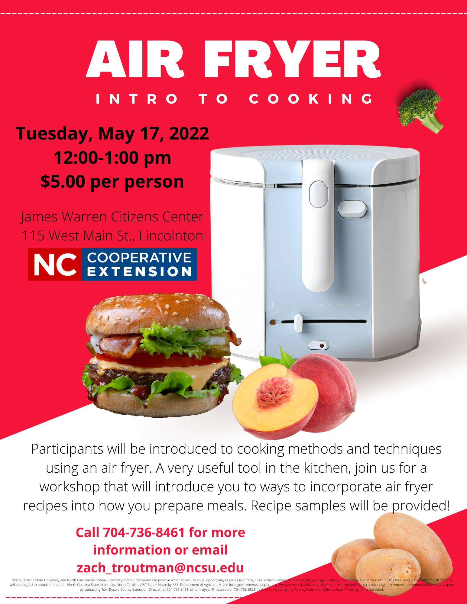 Join us for a work shop that will introduce you to ways to incorporate air fryer recipes into how you prepare meals. 
