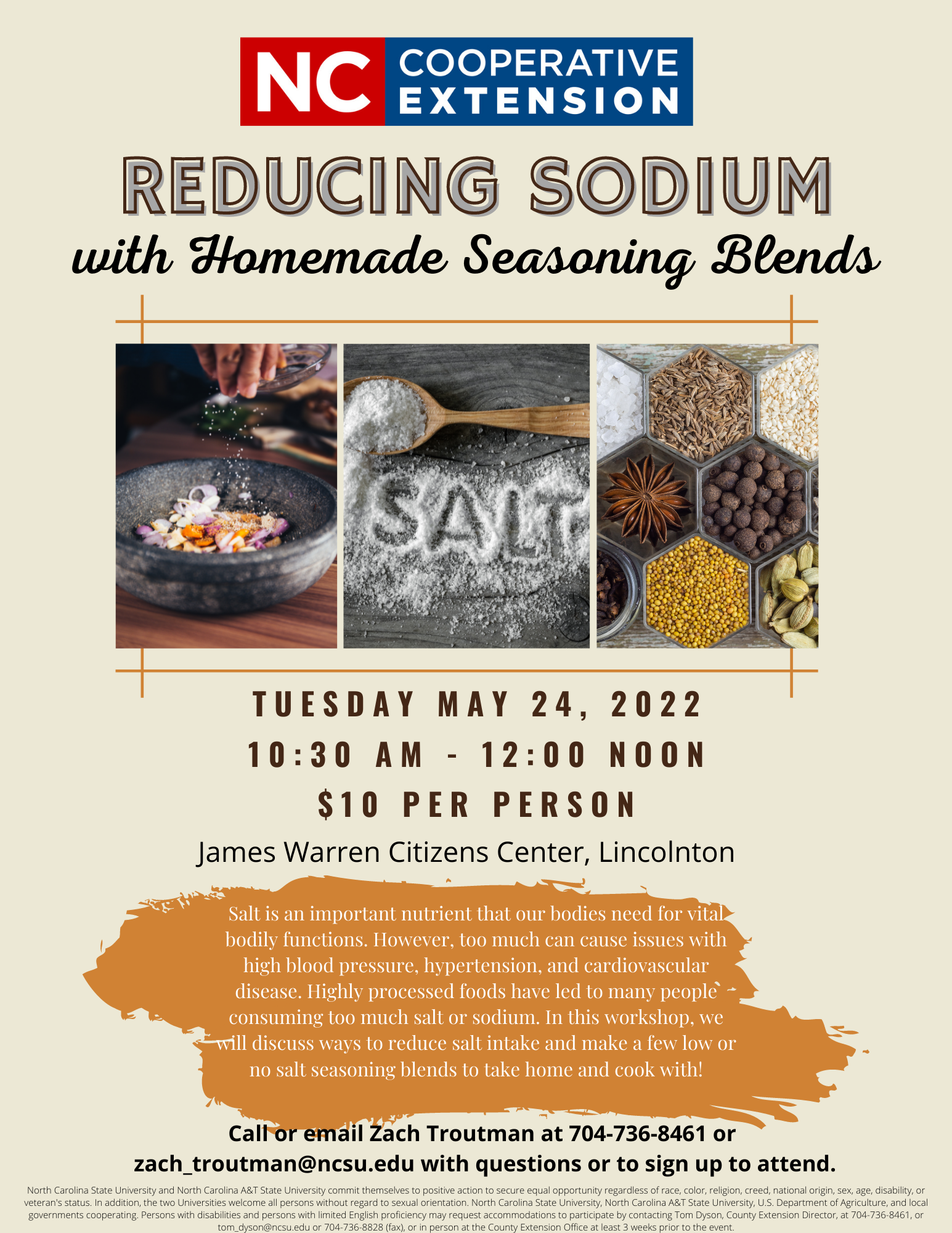 A flyer for reducing sodium with homemade seasoning blends. Tuesday May 24, 2022 10:30 a.m. - 12:00 Noon. $10 per person. 