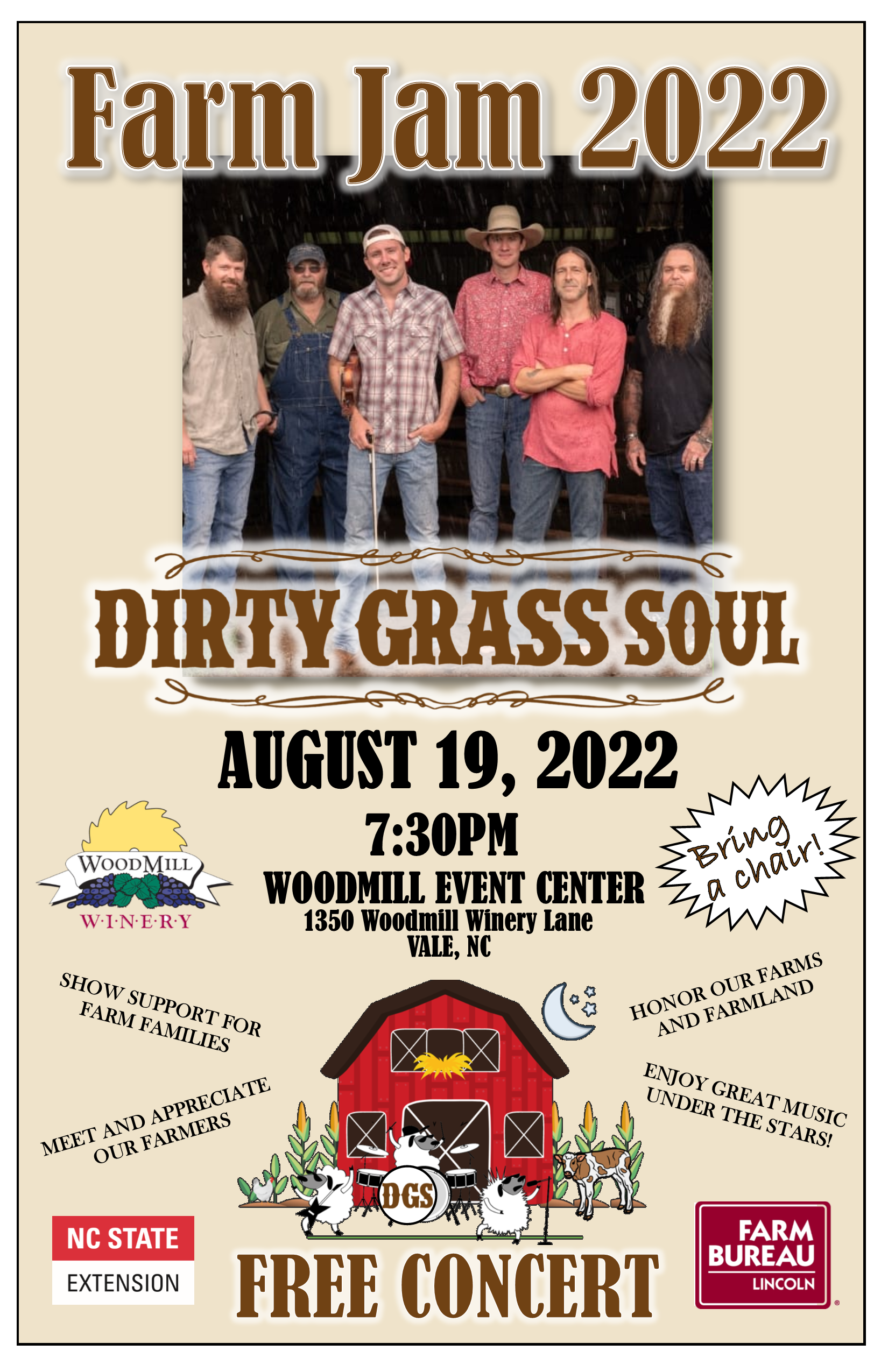 Farm Jam 2022, Dirty Grass Soul, August 19, 2022, 7:30 p.m. Woodmill Event Center, 1350 Woodmill Winery Lane, Vale, NC.