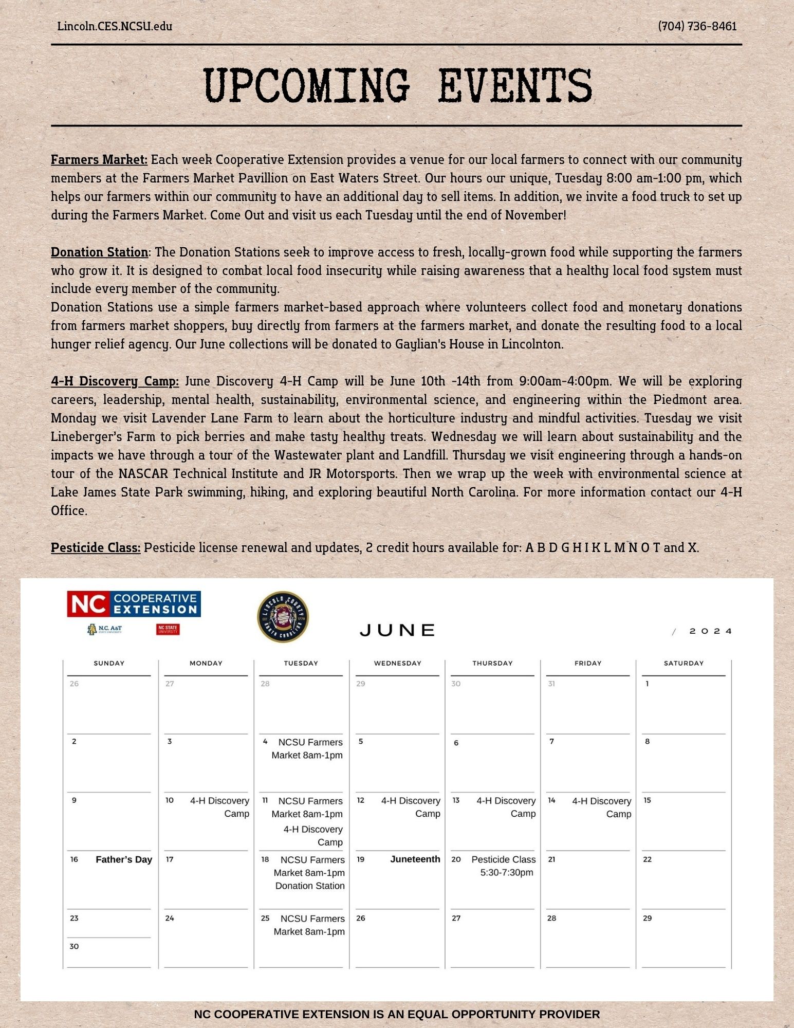 Page 4 from June Newsletter with Calendar