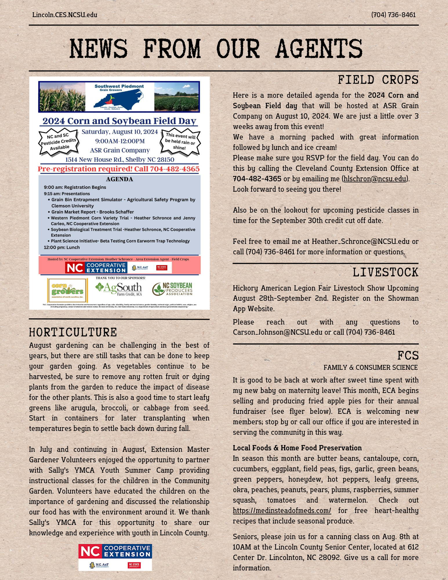 page 2 of August newsletter with updates from Field Crop, Horticulture, Livestock and FCS agents