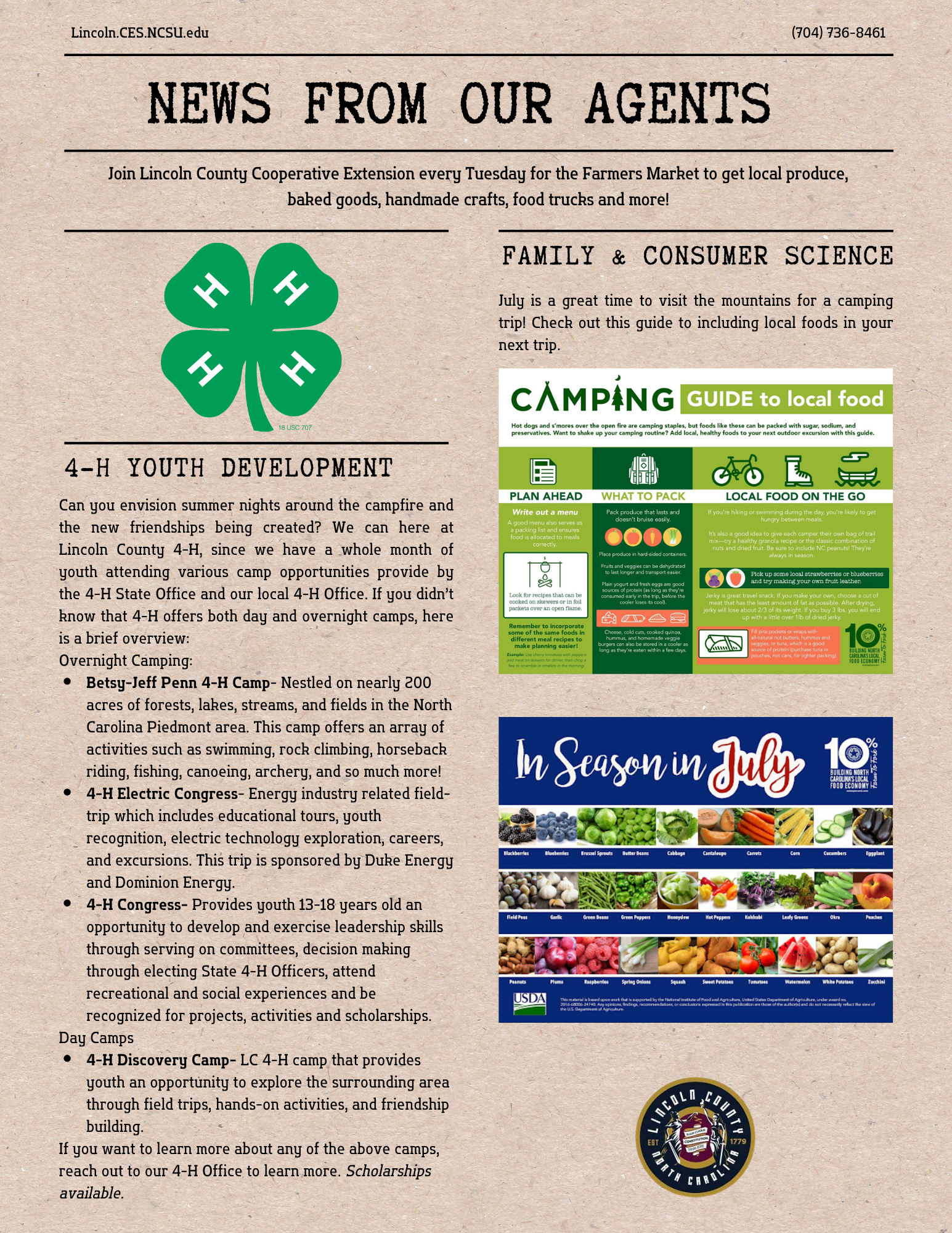 page 2 of the July Newsletter with 4-H and FCS information