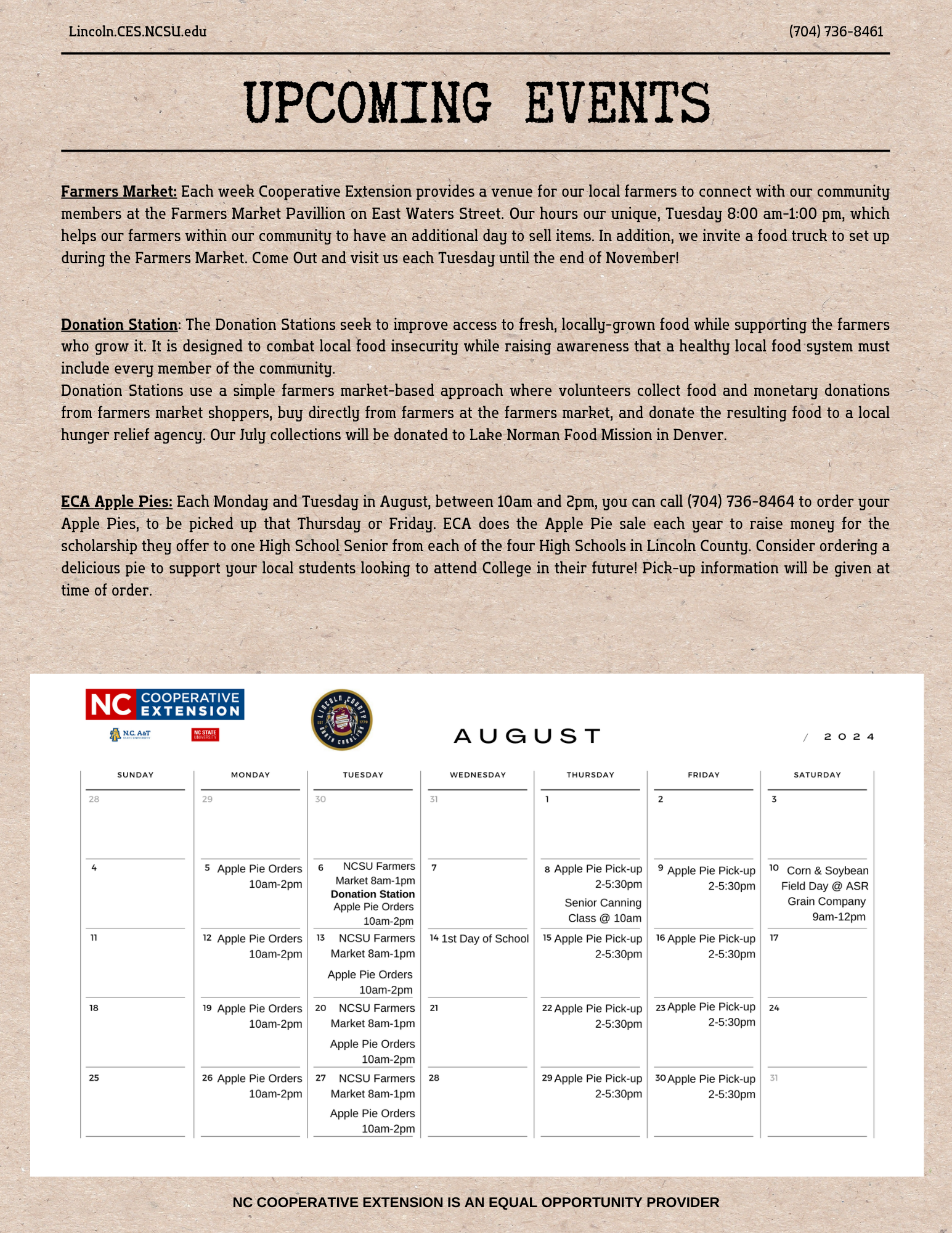 page 4 of August newsletter with upcoming events and calendar