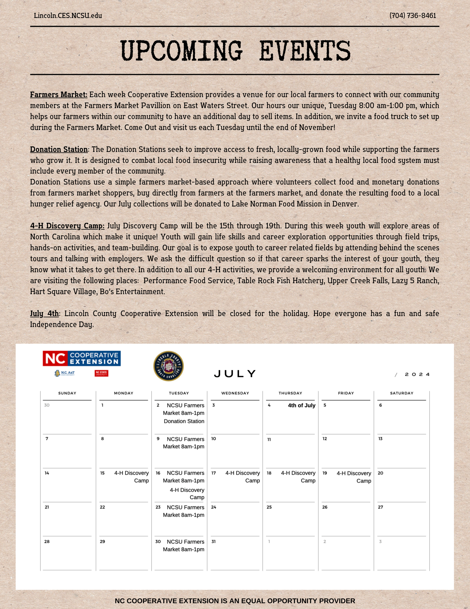 4th page of July newsletter with calendar and event descriptions