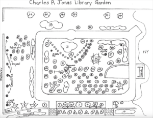 Map diagram of plant locations in the Jonas Library Garden