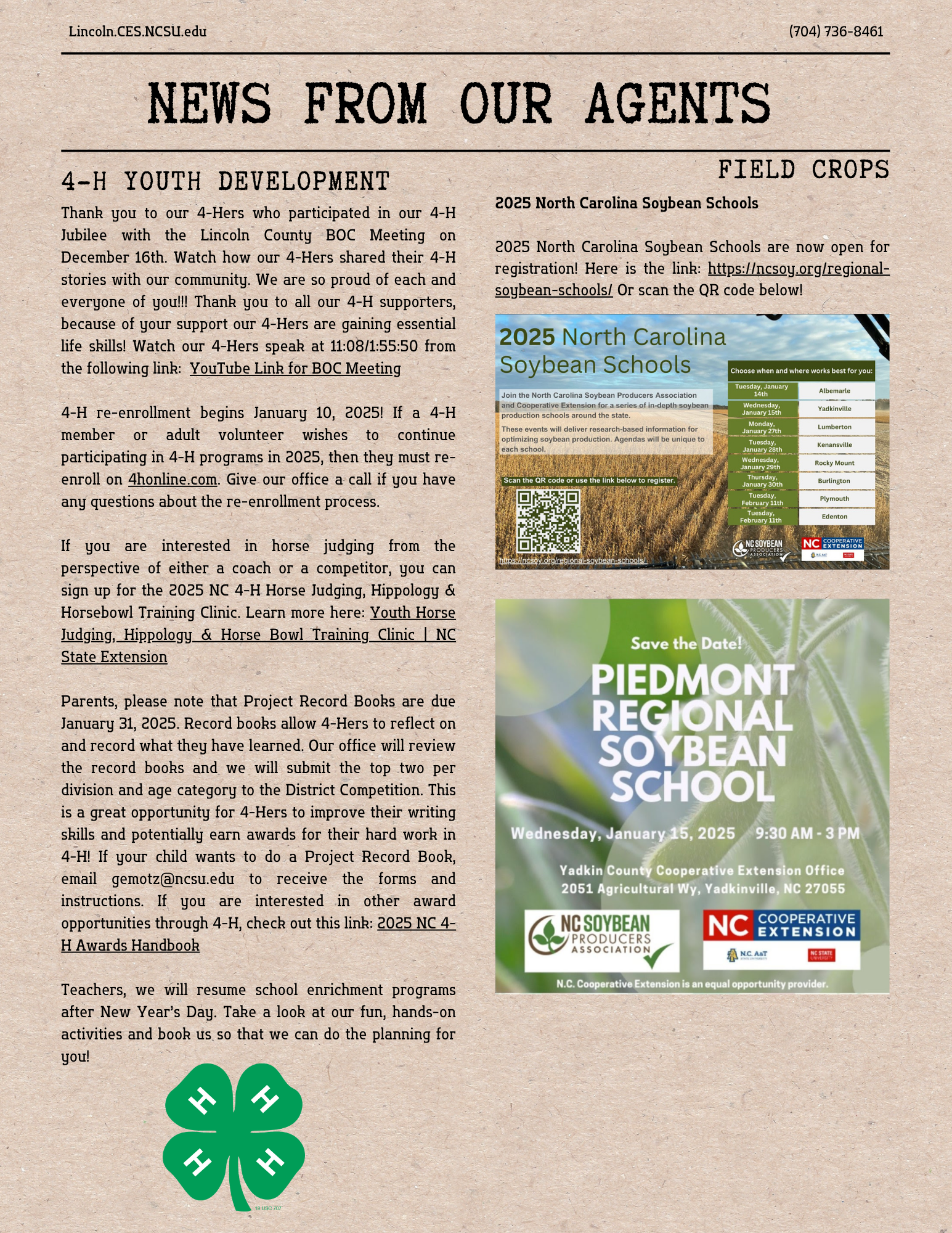 page 2 of the January 2025 newsletter with 4-H and Field Crop updates