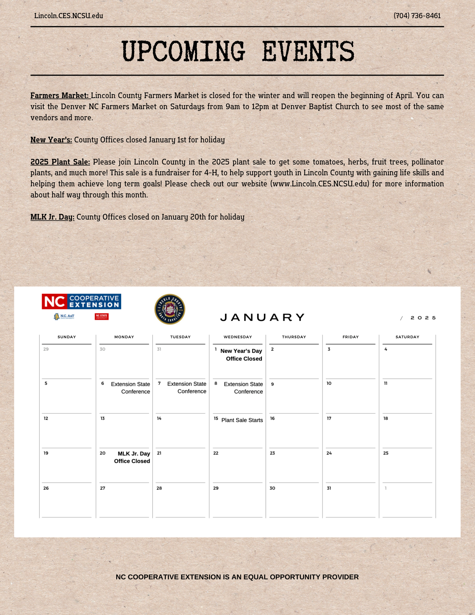 page 4 of the January 2025 Newsletter with upcoming dates and calendar of events