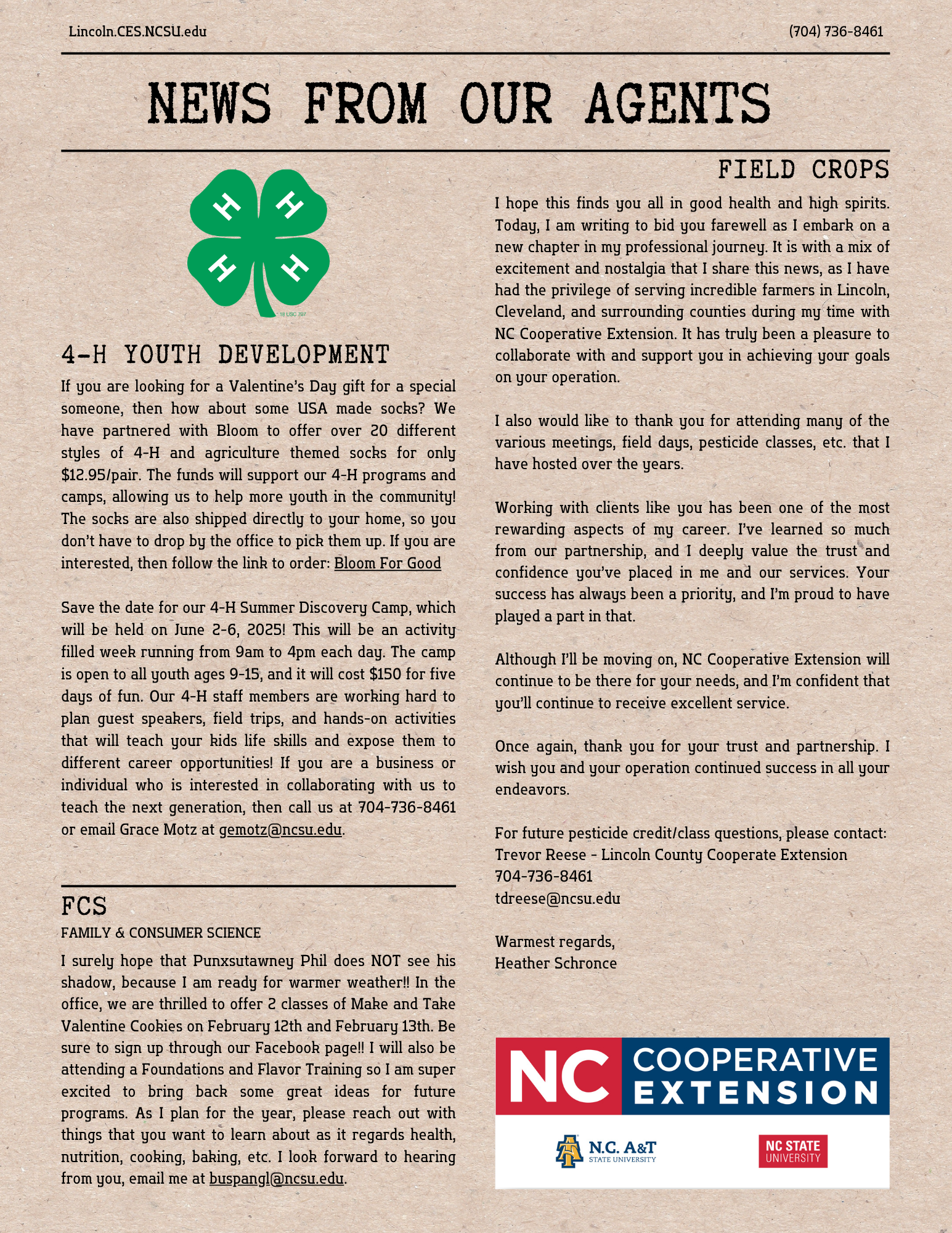 Page 2 of the February 2025 Newsletter with 4-H, Field Crop & FCS updates