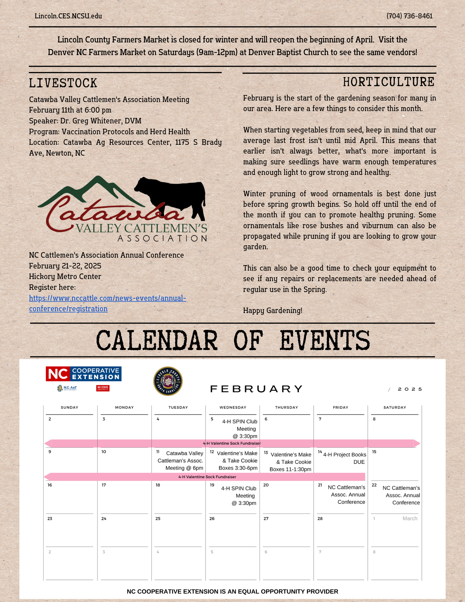 page 3 of the February 2025 Newsletter with Livestock and Horticulture updates and February Calendar of Events