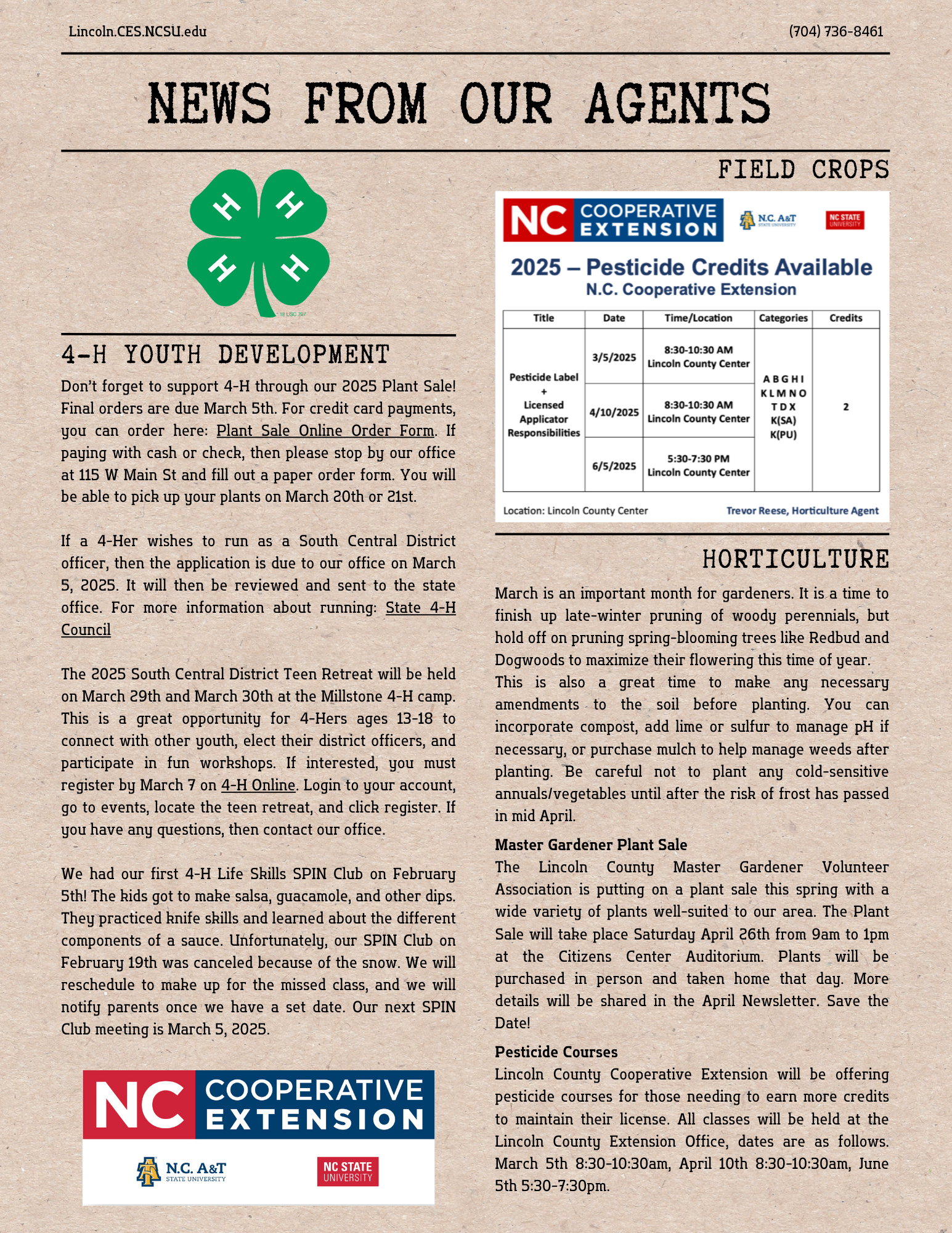 page 2 of March Newsletter with 4-H, Field Crops and Horticulture updates