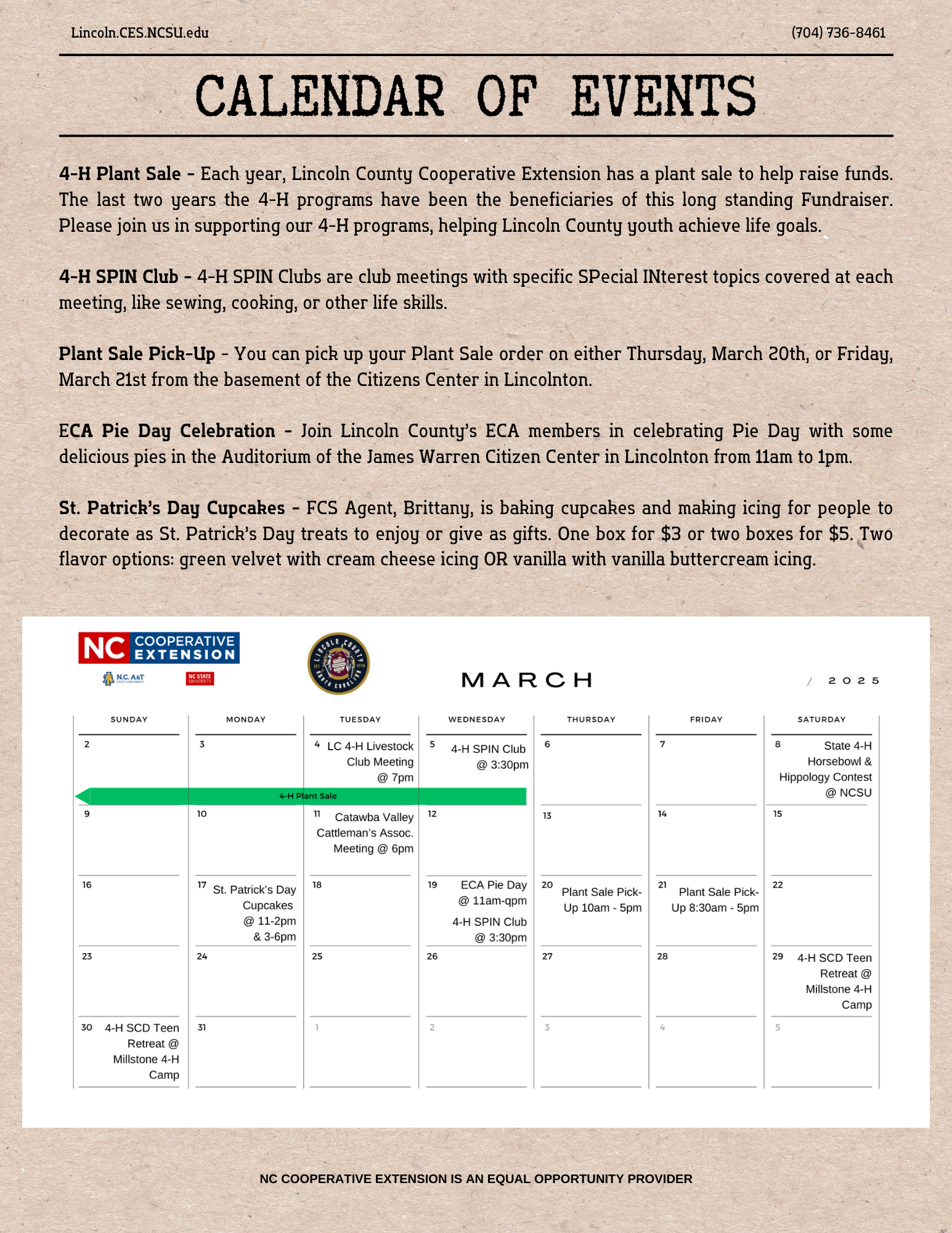 page 4 of March newsletter with calendar of events for March 2025