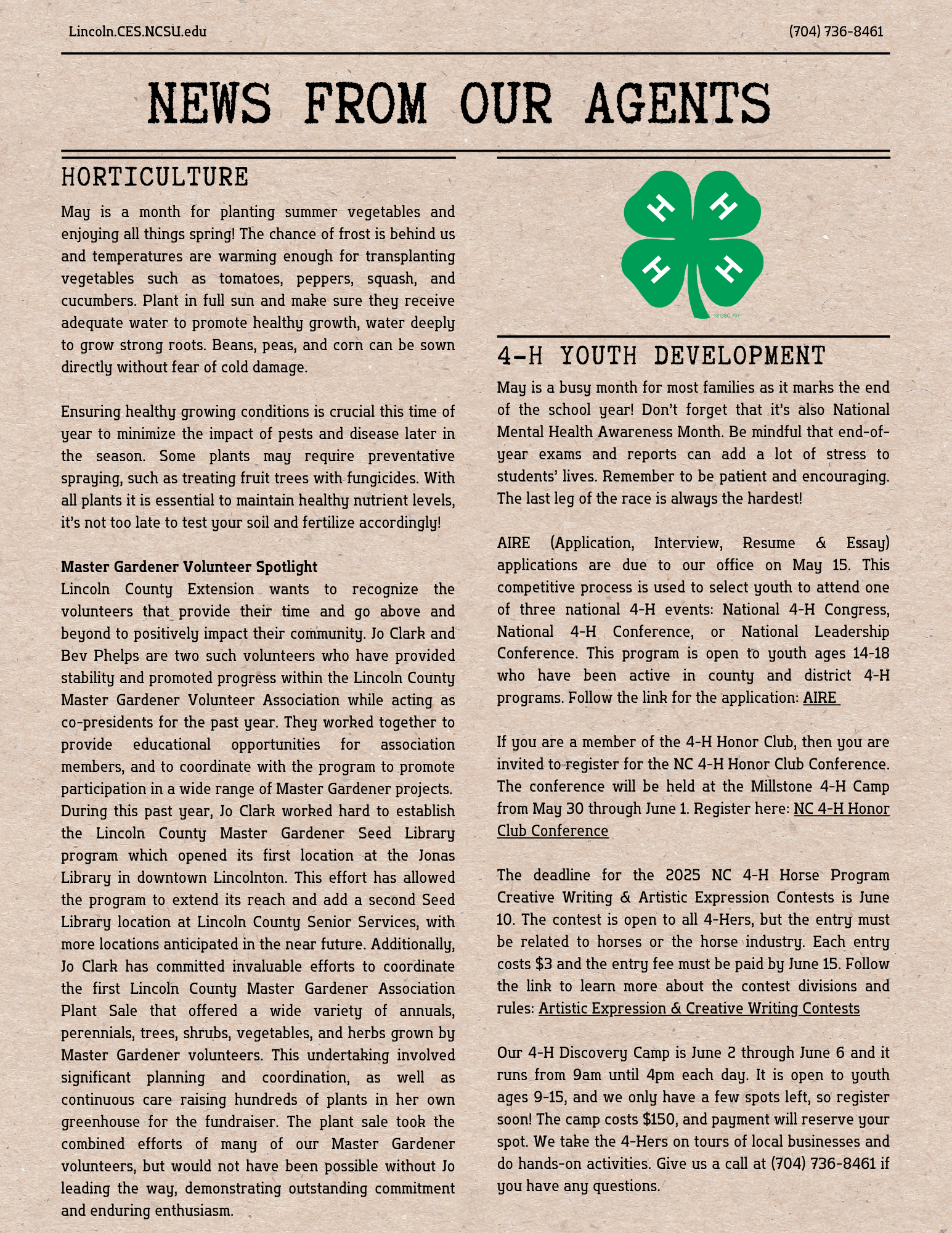 2nd page for May 2025 Newsletter with Horticulture and 4-H updates