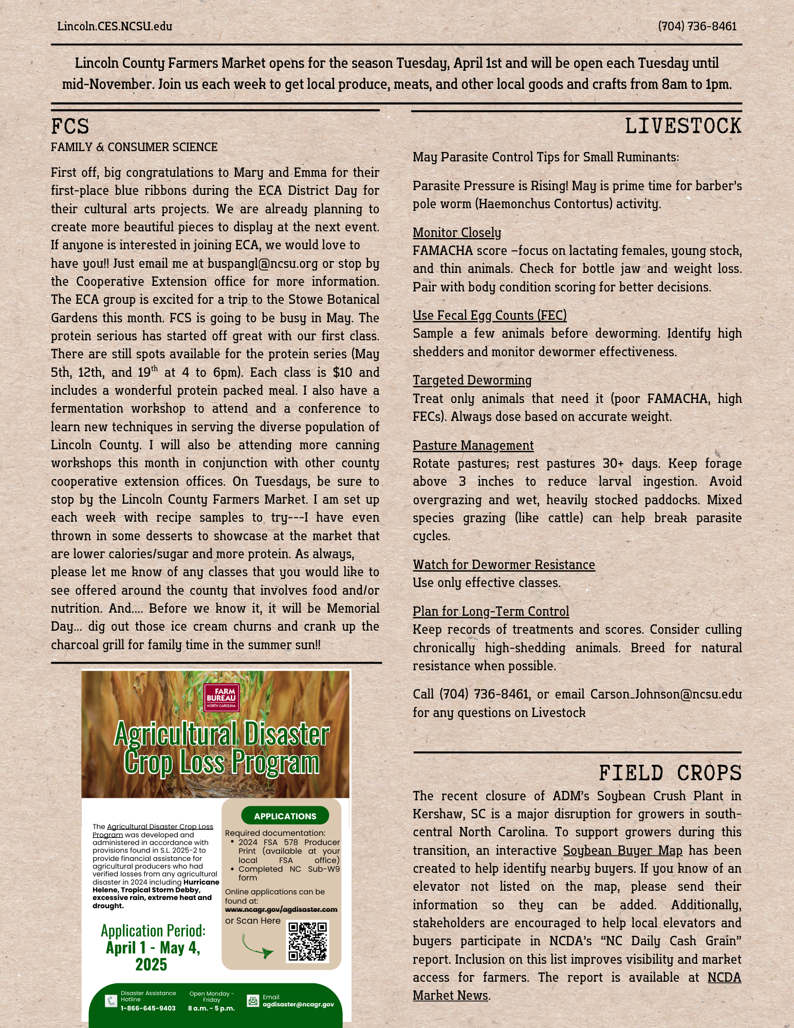3rd page of May 2025 Newsletter with FCS, Livestock, Field Crop and Ag Disaster Crop Loss updates
