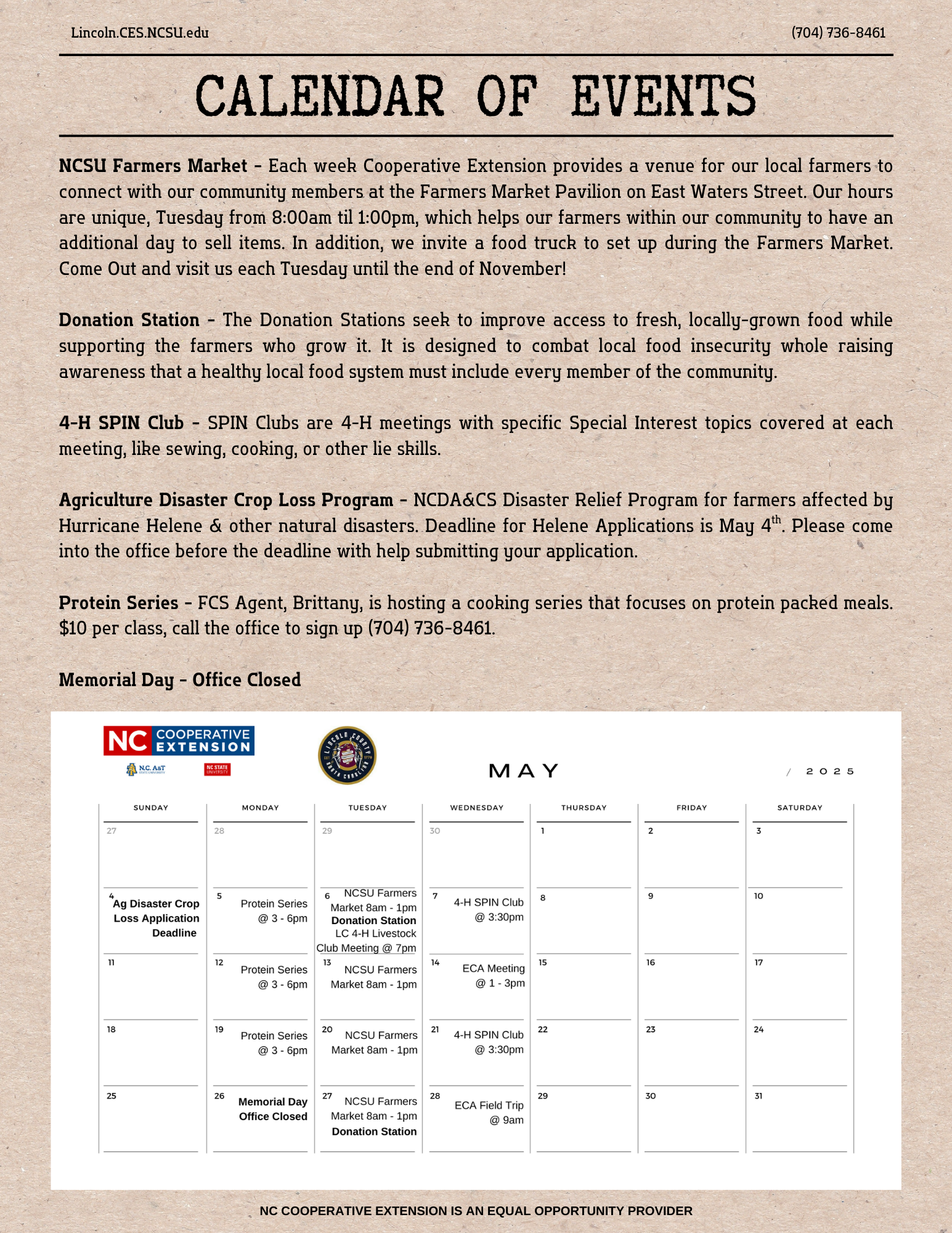 4th page of May 2025 Newsletter with calendar of events for May