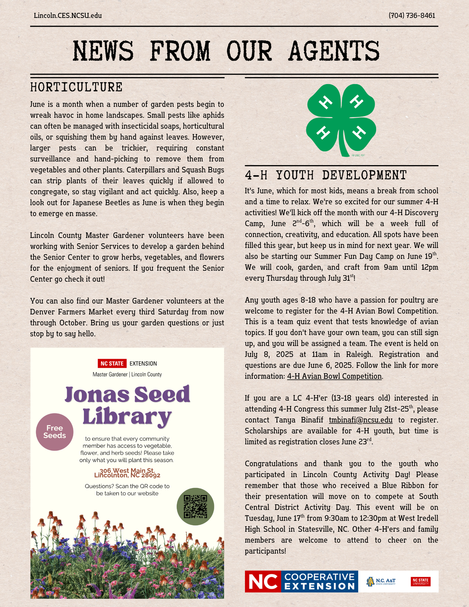 Page 2 of June 2025 Newsletter with Horticulture and 4-H updates