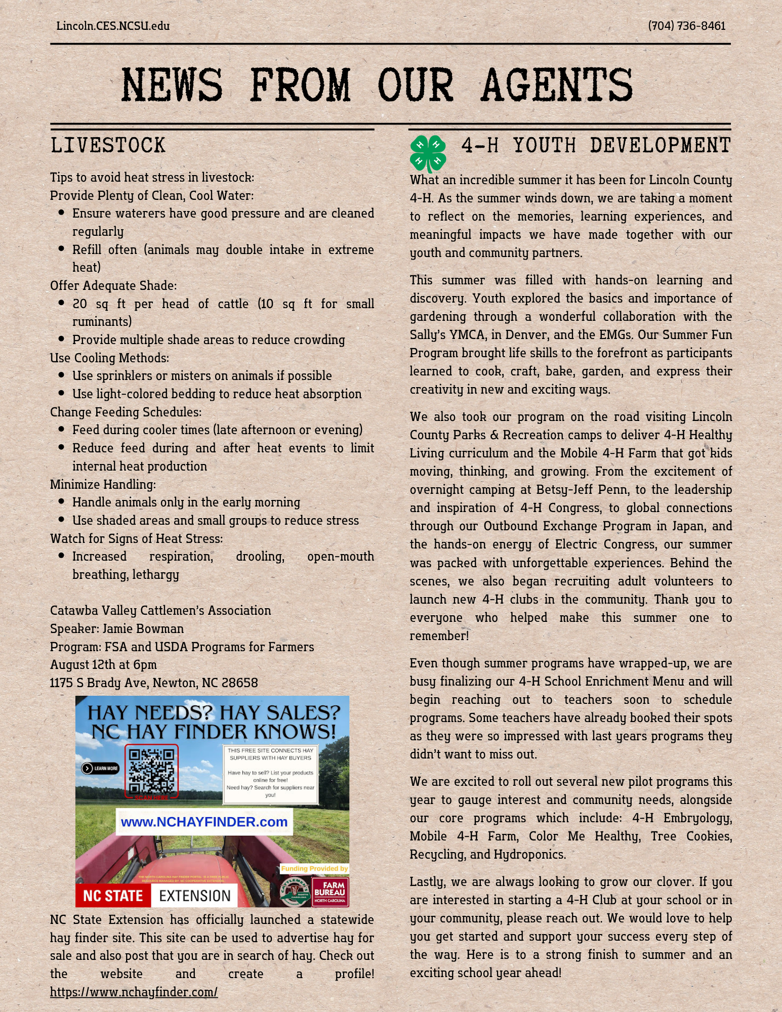 page 2 of August 2025 Newsletter with Livestock and 4-H updates