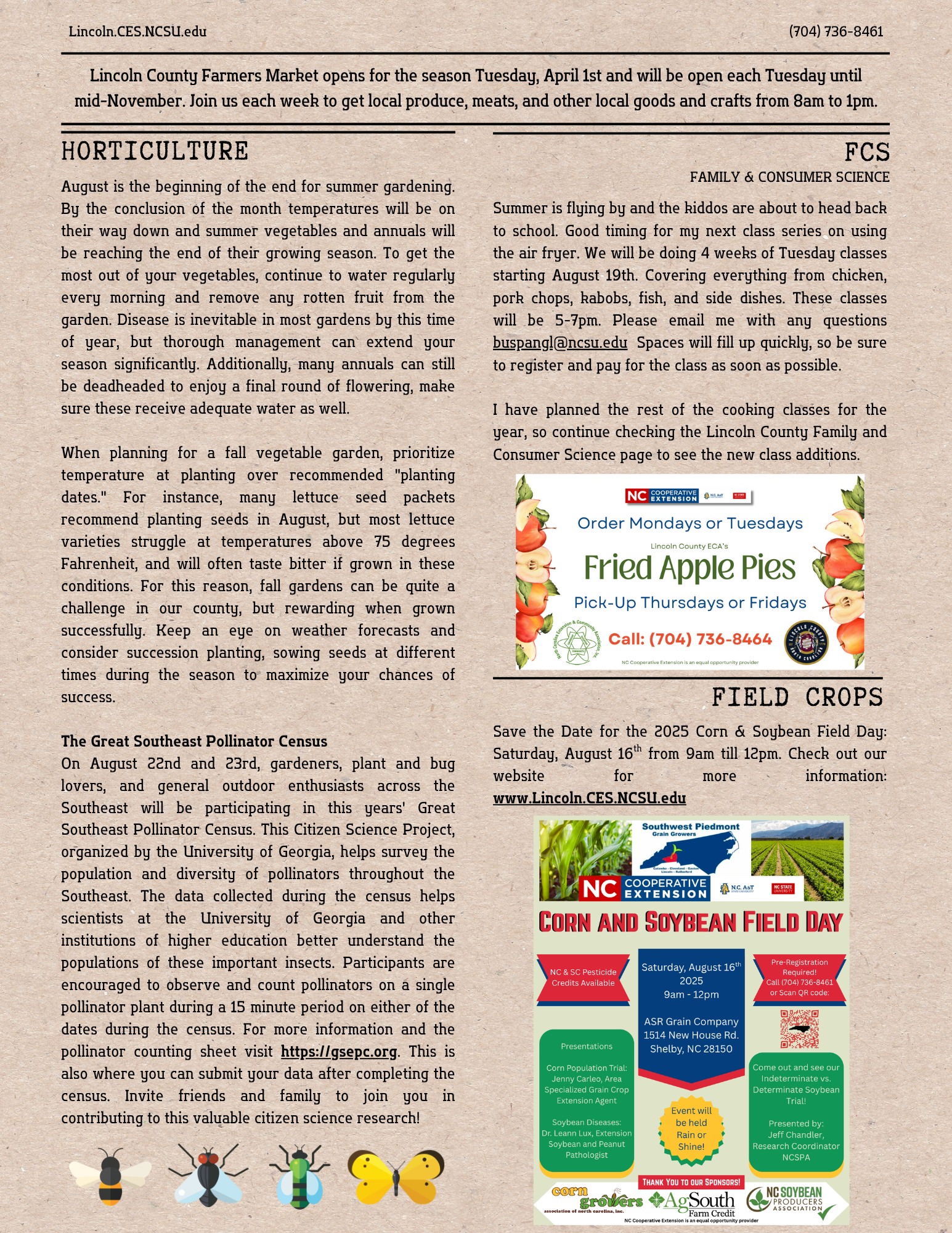 page 3 of August 2025 Newsletter with Horticulture, FCS, and Field Crop updates
