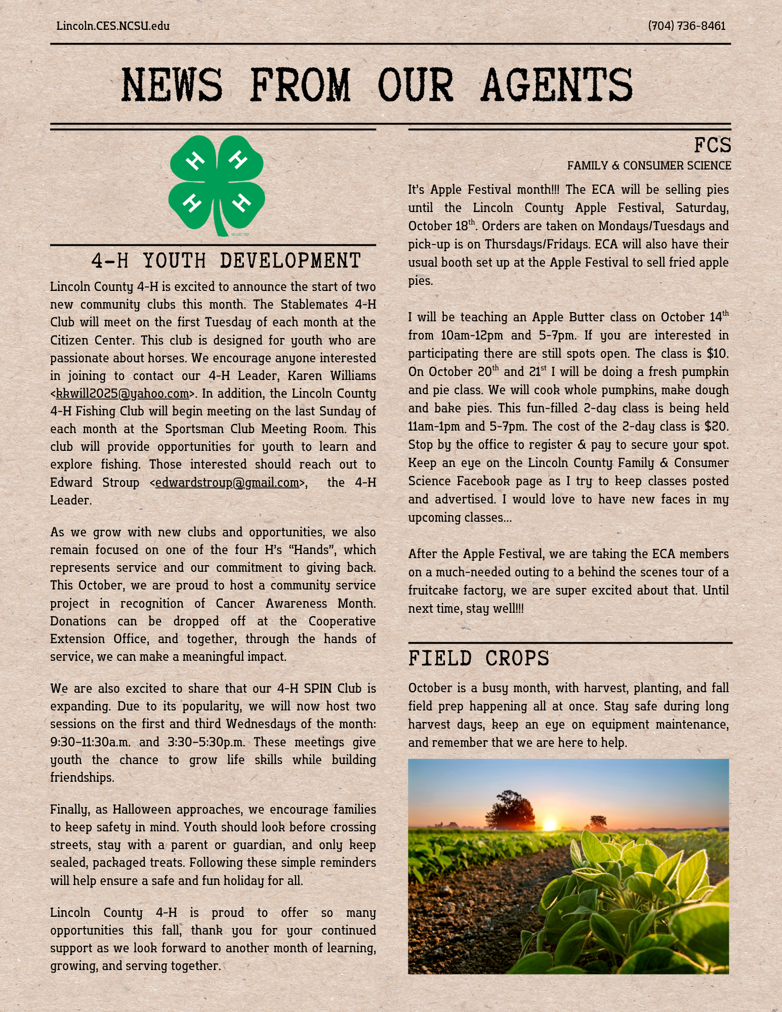 page 2 of October 2025 newsletter with 4-H, FCS, and Field Crop updates