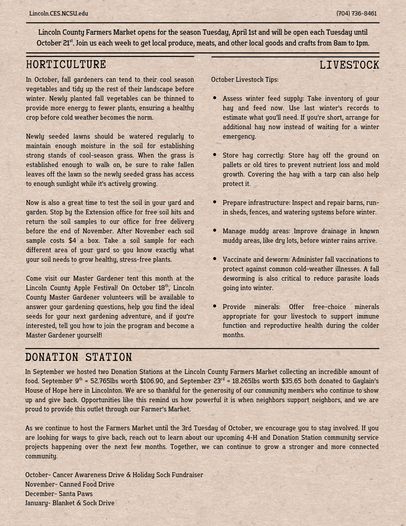 page 3 of October 2025 newsletter with horticulture, livestock, and donation station updates