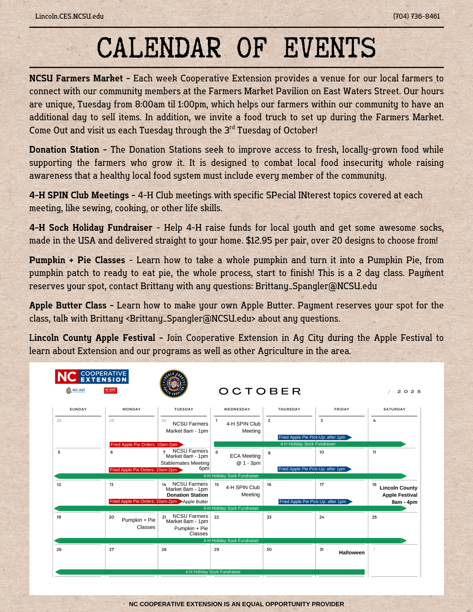 page 4 of October 2025 newsletter with calendar of events