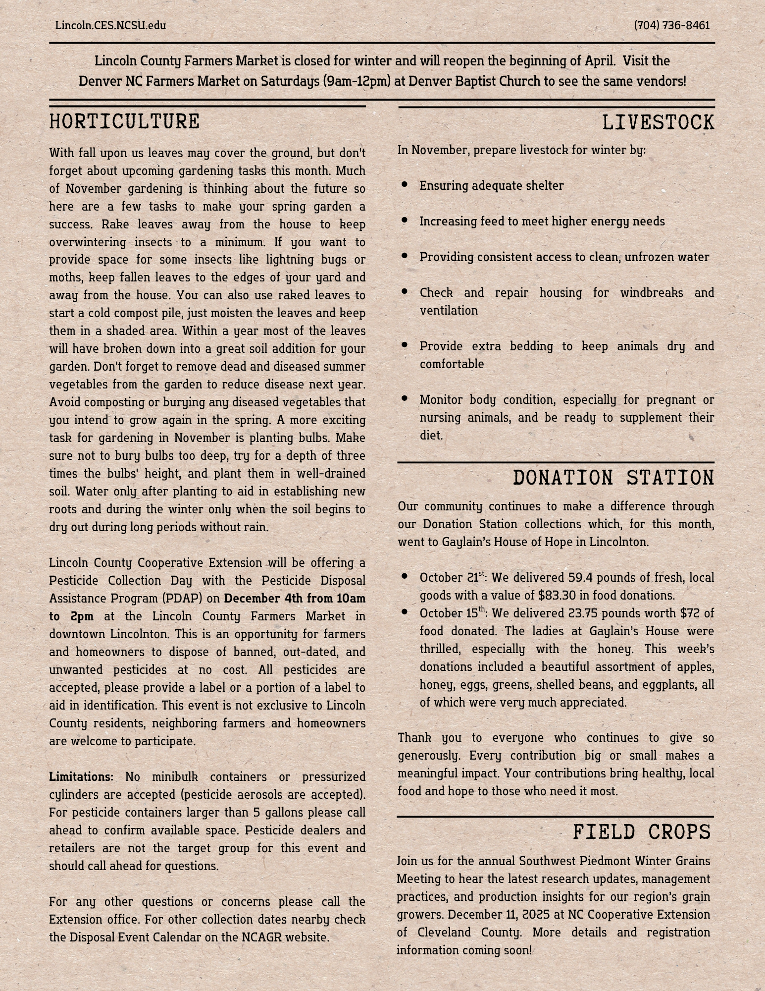 page 3 of the November 2025 Newsletter with Horticulture, Livestock, Donation Station, & Field Crop updates